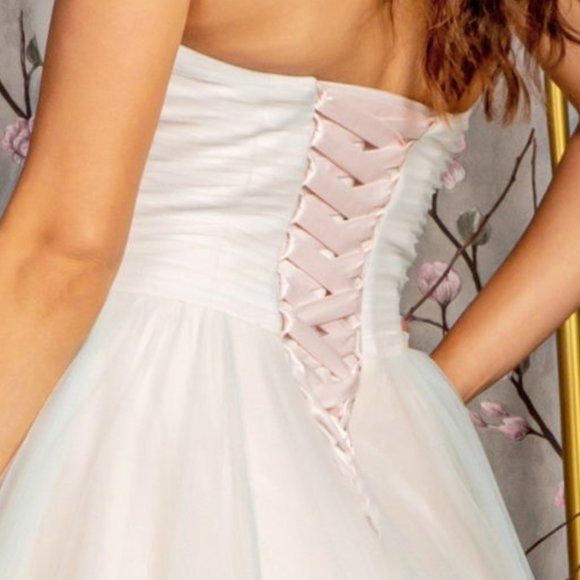 NEW LONG FORMAL SLEEVELESS STRAPLESS MESH BALL GOWN WITH LACE UP BACK GL3244 - Picture 10 of 12